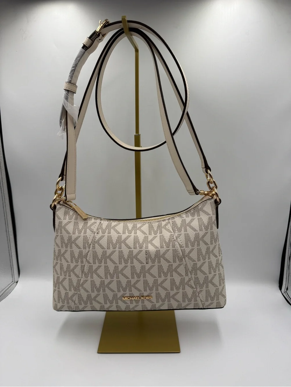 Michael Kors Cream MK Logo Shoulder Bag with Gold Hardware